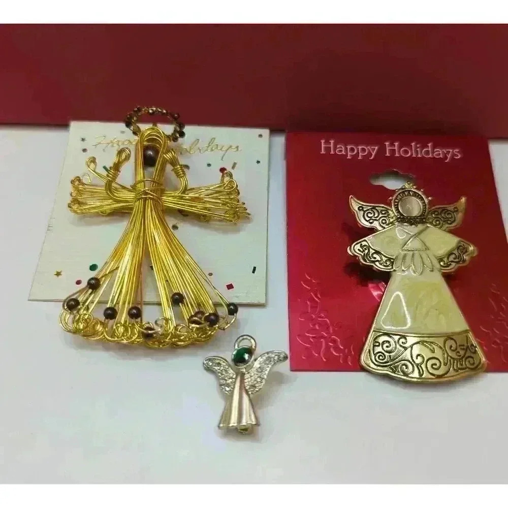 NWT Holiday Brooch Trio Angel Christmas Ornaments Decorative Gold Theme